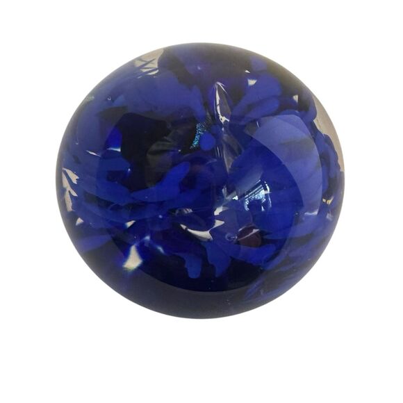 Cobalt Blue Striped Swirl Gold Flaked Glass Paperweight Bubbles - Artist Signed - Picture 5 of 14